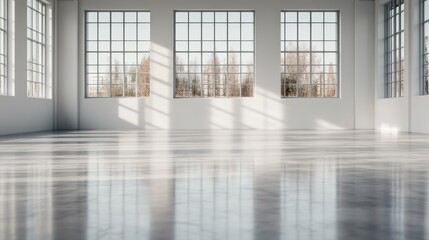 A spacious, empty interior bathed in sunlight streaming through large grid windows, showcasing an industrial style with polished concrete floors and white walls.