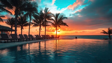 Obraz premium A tranquil sunset over a poolside with palm trees, evoking relaxation and leisure.