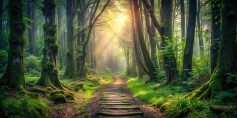 A mysterious forest path leading to an unknown adventure