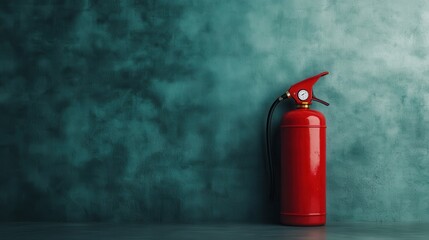 Obraz premium This image features a bright red fire extinguisher standing out prominently against a textured teal wall, merging functionality with vivid color contrast for visual appeal.