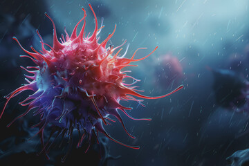 Obraz premium Abstract representation of a virus particle with the spiky surface on a dark background.