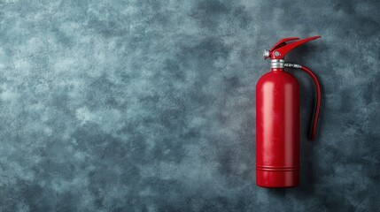 Fototapeta premium A quiet and striking image of a lone red fire extinguisher placed against a calm, turquoise wall which emphasizes the importance of safety with a touch of modern design.