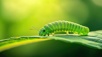 A green caterpillar crawling along a leaf, with its tiny feet gripping the surface, set against a blurred green backdrop.