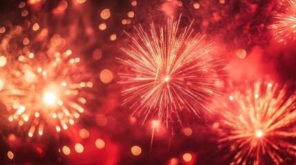 Fototapeta premium Red fireworks exploding in the night sky, capturing the excitement and celebration of a festival or holiday.