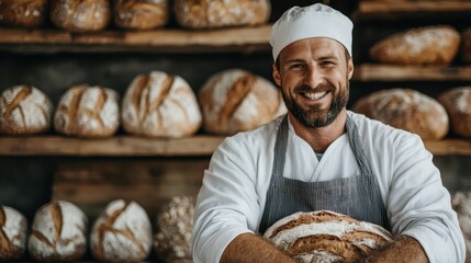 A cheerful baker proudly holds freshly baked bread loaves, showcasing his expertise and passion for baking in a warm and inviting bakery environment.