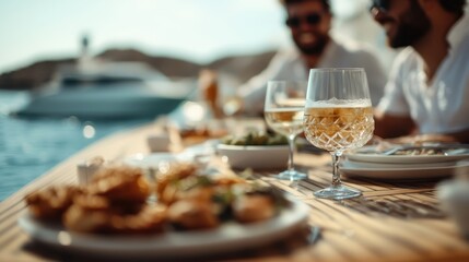 A gourmet seafood feast is spread on a yacht's dining table, accompanied by crystal glasses filled with refreshing drinks, set against the backdrop of a serene ocean view.