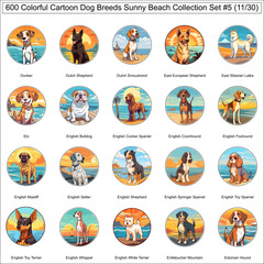 Fototapeta premium Colorful Dog Breeds Cartoon Characters Sunny Beach Bundle Collection Set 5 of 600 Dog Faces Isolated Part 11
