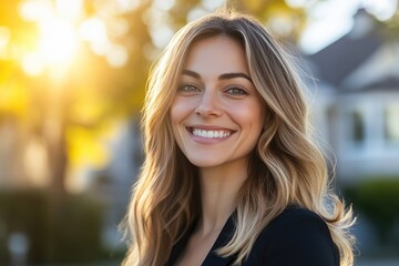 Obraz premium Smiling Real Estate Specialist with Property and Sunshine