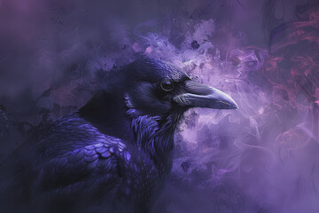 Fototapeta premium Abstract image of a bird that looks spiritual The fur is bluish-purple. See the eyes.