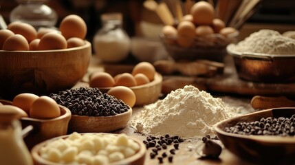 A kitchen table filled with various baking ingredients, including flour, eggs, sugar, and chocolate chips, prepared for a baking day.