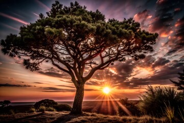 Sunset Behind a Tree with Open Sky