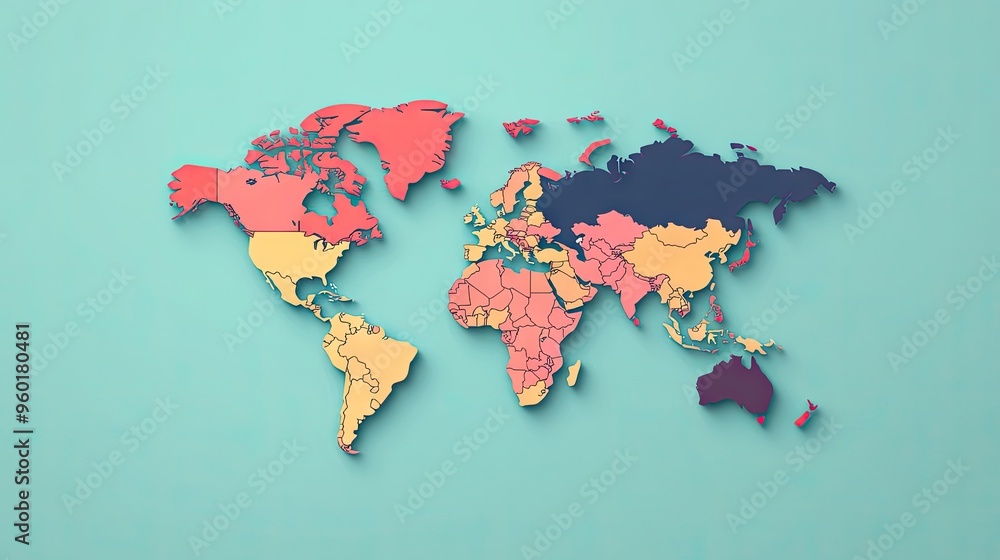 Poster a flat design of the world map with minimalistic country borders and a clean background, ideal for t