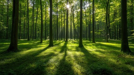 Fototapeta premium A lush green forest with towering trees and sunlight streaming through the leaves, casting dappled shadows on the forest floor.