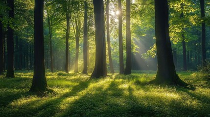 Obraz premium A lush green forest with towering trees and sunlight streaming through the leaves, casting dappled shadows on the forest floor.