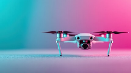 Low flying drone with vibrant pink and blue backdrop emitting a modern, high-tech vibe, embodying technological advancements and the intersection of art and innovation.