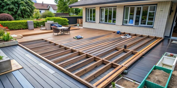 A modern composite deck being installed to replace an old wooden deck