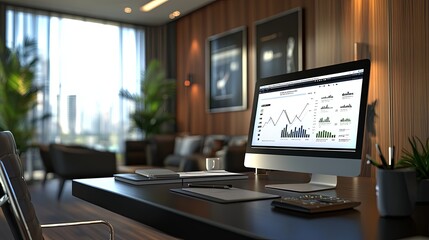 Modern digital marketing strategy displayed on a desktop computer screen, set against a sleek corporate office backdrop