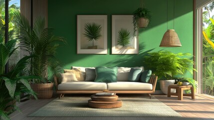 Fototapeta premium A modern living space with a green accent wall, matching cushions on a sofa, and lush indoor plants for a refreshing vibe.