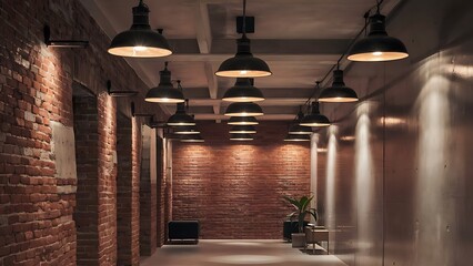 Brick concrete room with ceiling lamps