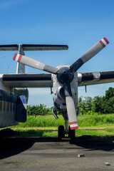 Broken airplane propeller of military transport aircraft