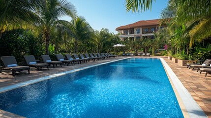 Fototapeta premium Tropical Resort Swimming Pool with Palm Trees and Loungers