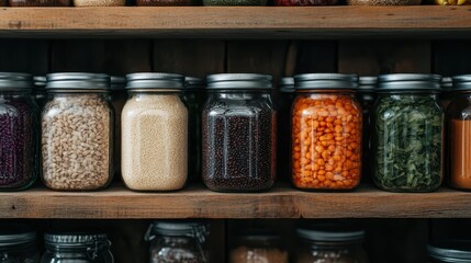 A variety of pantry items, such as grains and legumes stored in glass jars, are neatly arranged on rustic wooden shelves, showcasing a well-organized pantry space.