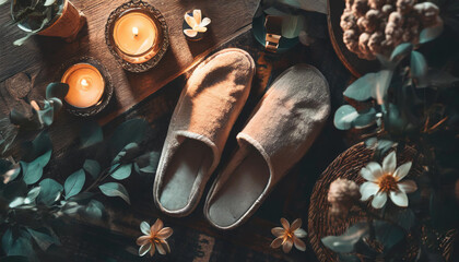 overhead shot: pair of slippers in winter