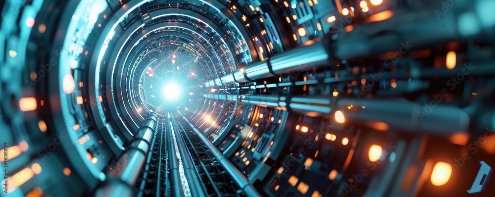 Poster futuristic tunnel perspective with glowing lights and metallic structures, conveying depth and advan