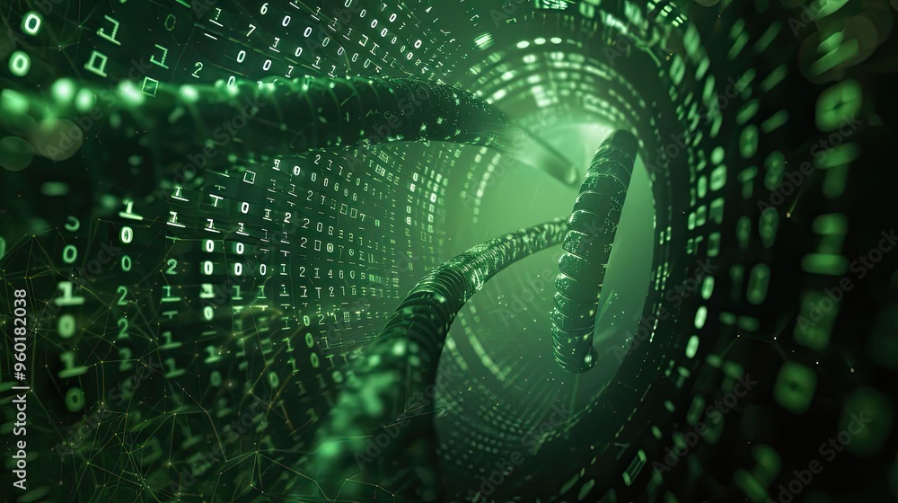 Poster a captivating view of digital data flowing through a green tunnel, symbolizing technology and cybers
