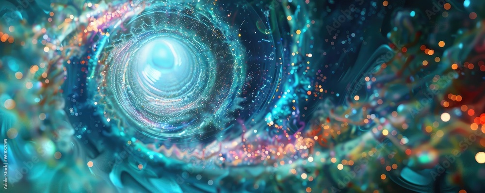 Poster abstract spiral design with vibrant colors and glowing elements, evoking a sense of motion and deep 