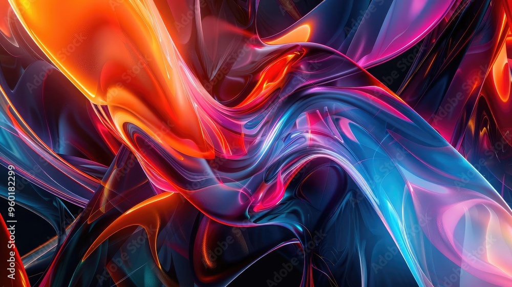 Poster vibrant abstract composition showcasing fluid shapes and dynamic colors in a captivating swirl of ar