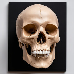 Fototapeta premium Front view of natural human skull on isolated black background