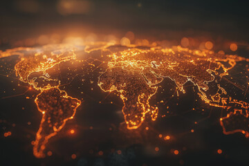 Glowing lines forming world map data points pulsing representing global market connections.