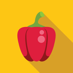 Red bell pepper icon in flat style casting long shadow on yellow background
