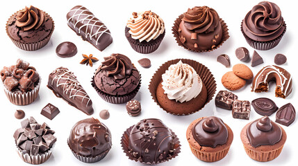 Various of sweets and desserts set and collection. chocolate cake, cupcakes, red velvet cake, apple pie, macarons, pretzel, donut, pastries, muffin, cookies, croissant. Bakery sweets isolated on white