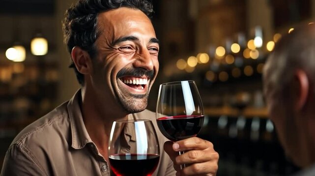 Happy wine taster using his nose to smell the product from a wine glass. In the basement with the tank in the background