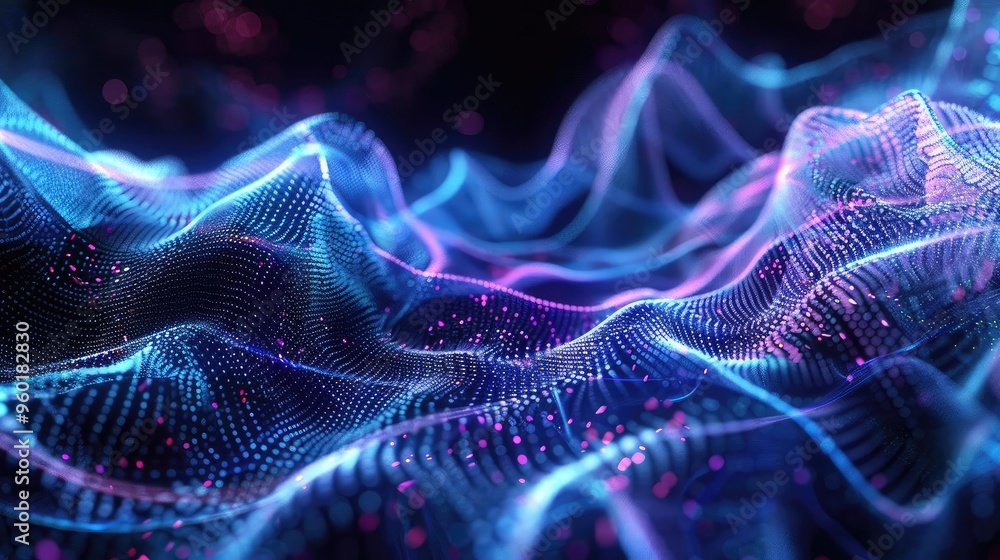 Poster abstract digital waves in vibrant blue and purple tones, creating a mesmerizing visual effect for te