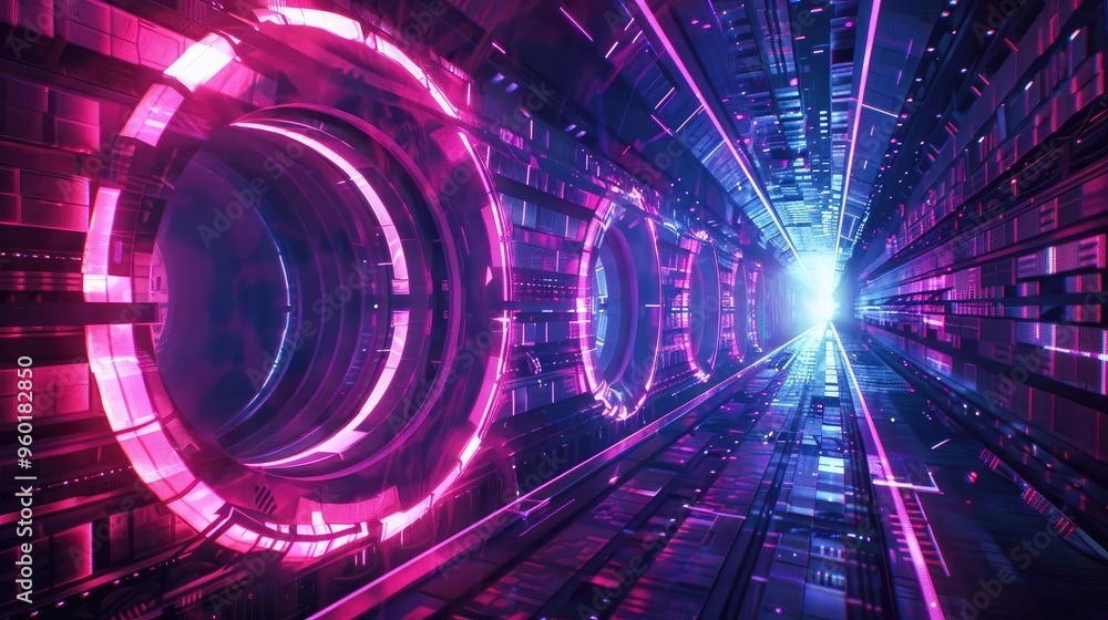 Aufkleber a futuristic tunnel illuminated by vibrant pink lights, creating a dynamic sense of motion and depth