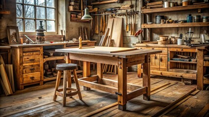 Vintage wooden drawing desk in a carpenter workshop setting