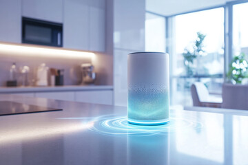 Smart home speaker with glowing light on a modern kitchen countertop, showcasing advanced technology and voice control system