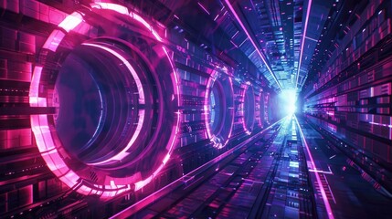 Obraz premium A futuristic tunnel illuminated by vibrant pink lights, creating a dynamic sense of motion and depth.