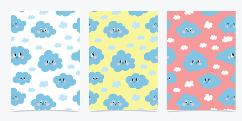 Childrens pattern with smiling clouds. Children illustration. Vector set of cute blue clouds on white background eps. Cloud icon set.