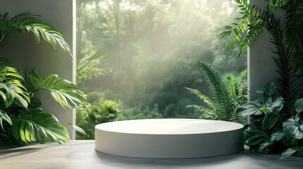A stylish 3D white podium on a minimalist background, with a lush green forest backdrop.