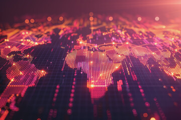 Fototapeta premium Glowing lines forming world map data points pulsing representing global market connections.