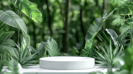 A clean, sleek white podium set on an abstract surface, complemented by a green forest in the distance.