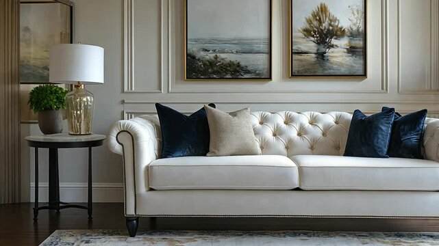 A transitional living room with a white sofa, mixed materials, and a blend of classic and modern elements, creating a timeless look.