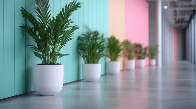 A modern hallway featuring potted plants in white pots aligned along the walls, which are painted in vibrant colors including green, yellow, and pink.