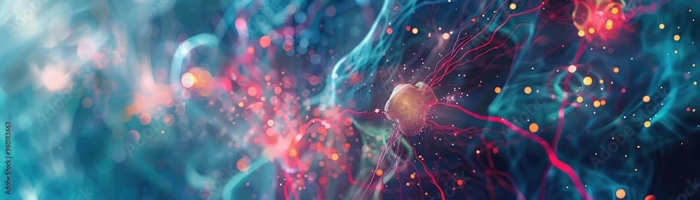 Poster abstract digital art depicting colorful strands and particles, representing a vibrant and dynamic co