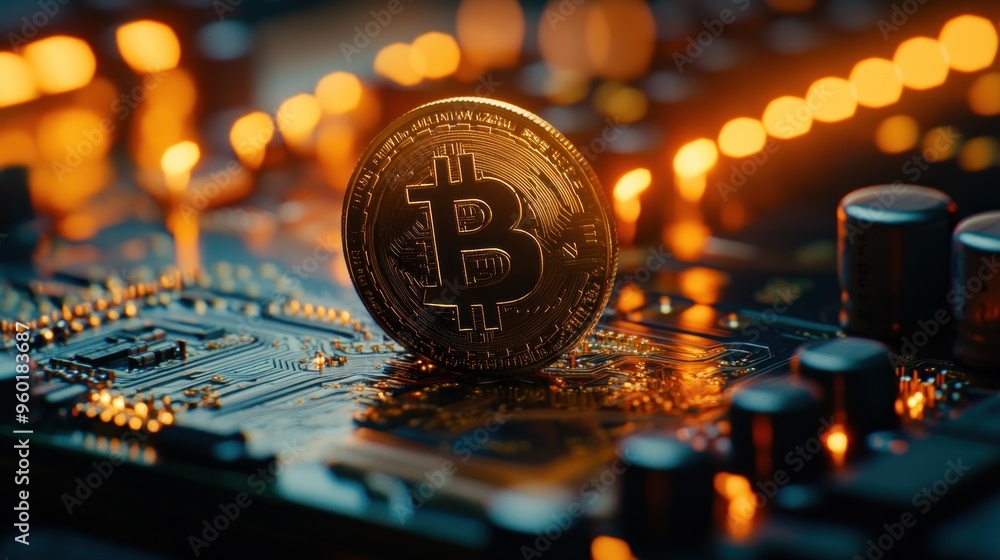 Poster gold bitcoin coin resting on a circuit board. the bitcoin coin is in focus, while the circuit board 
