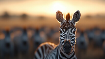 Fototapeta premium A close-up of a zebra staring directly into the camera, captured with the soft light of sunrise illuminating the scene, symbolizing curiosity, attention, and the beauty of wildlife.